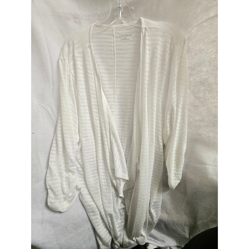 Catherines White Slub Knit Draped Open Front Cardigan 3X Ruched Sleeve New